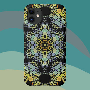 ドットマンダラフラワーイエローブルーとグレー iPhone 11 ケース