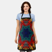 ドットマンダラフラワーイエローブルーとレッド エプロン (着用した状態)