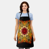 ドットマンダラフラワーオレンジ黄色と赤 エプロン (着用した状態)