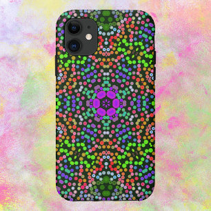 ドットマンダラフラワーグリーンパープルとオレンジ iPhone 11 ケース