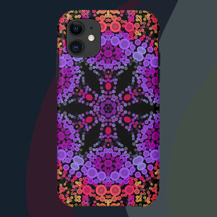 ドットマンダラフラワーパープルオレンジと黄色 iPhone 11 ケース