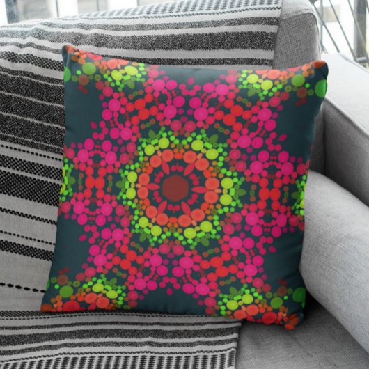 ドットマンダラフラワーピンク緑とオレンジ クッション