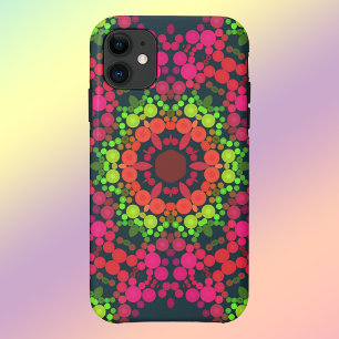 ドットマンダラフラワーピンク緑とオレンジ iPhone 11 ケース