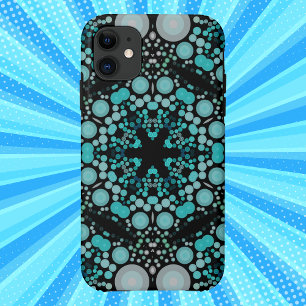 ドットマンダラフラワーブルーグリーンとグレー iPhone 11 ケース