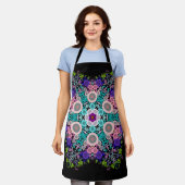ドットマンダラフラワーブルーグリーンとピンク エプロン (着用した状態)