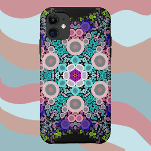 ドットマンダラフラワーブルーグリーンとピンク iPhone 11 ケース