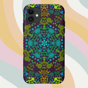 ドットマンダラフラワーブルー黄色とピンク iPhone 11 ケース