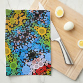 ドットマンダラフラワーブルー黄色と緑 キッチンタオル (四つ折り)