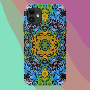 ドットマンダラフラワーブルー黄色と緑 iPhone 11 ケース