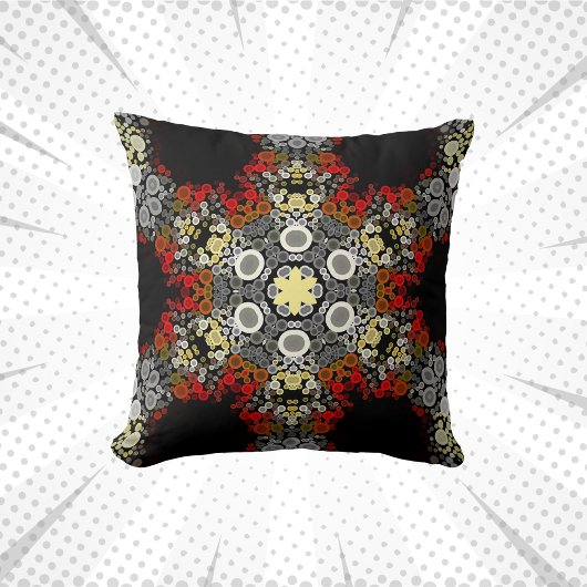 ドットマンダラフラワーレッド黄色とグレー クッション