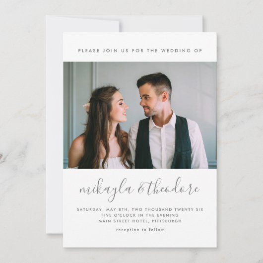 ドットモダンとフォト赤面付きスクリプ結婚ト 招待状 (正面)