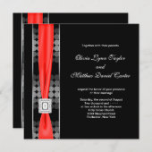 ドットモダン白黒レッド結婚ブラック 招待状 (正面/裏面)