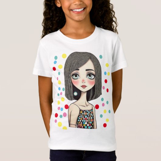 ドットワンピースのトレンディーなキャラクターガールアート Tシャツ (正面)