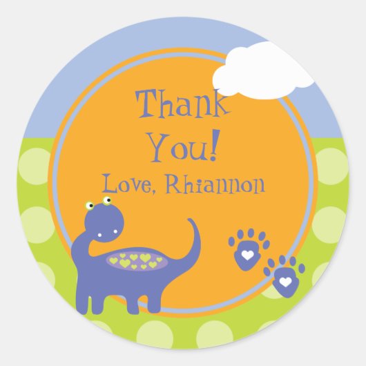 ドット付きパープル恐竜誕生日ありがとう ラウンドシール (正面)