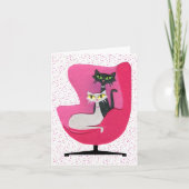 ドット付きピンクの椅子に白黒の猫 カード (正面)