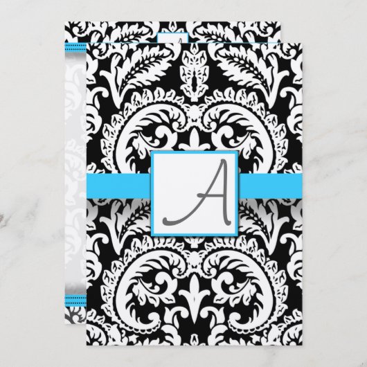 ドット付き白黒ダマスクブライトアクアトリム 招待状 (正面/裏面)