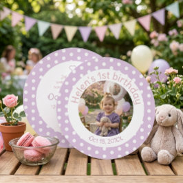 ドット入りラベンダー色の1歳の誕生日記念写真招待状 招待状
