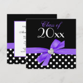 ドット柄のパープル ブラック リボン ハート 卒業パーティー 招待状 (正面/裏面)