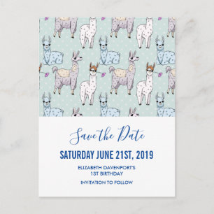 ドット柄のラマパターンでSave the Date ポストカード