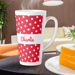 ドット柄のレトロな赤と白のオーダーメイド カフェラテマグ