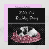 ドット柄の子犬の女の子の10歳の誕生日パーティー 招待状 (正面/裏面)