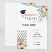 ドット柄の花モチーフの卒業パーティー招待状 招待状 (正面/裏面)