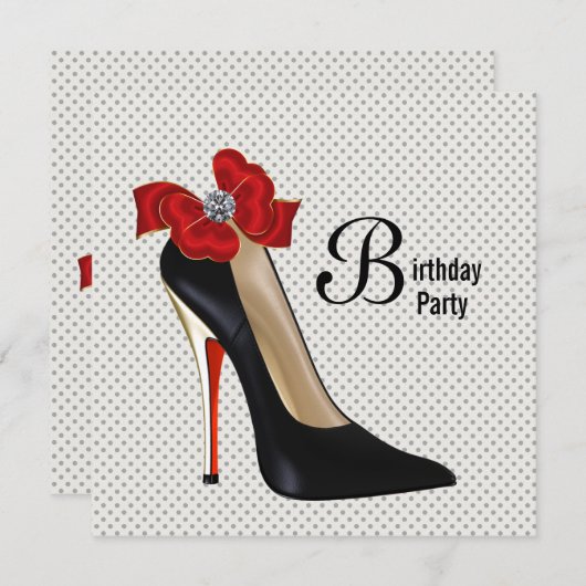 ドット柄の赤と黒のハイヒール靴の誕生日パーティー 招待状 (正面/裏面)
