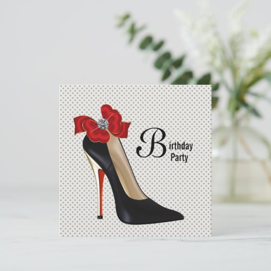 ドット柄の赤と黒のハイヒール靴の誕生日パーティー 招待状 (スタンド正面)