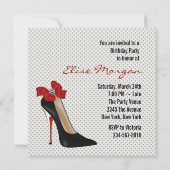 ドット柄の赤と黒のハイヒール靴の誕生日パーティー 招待状 (裏面)