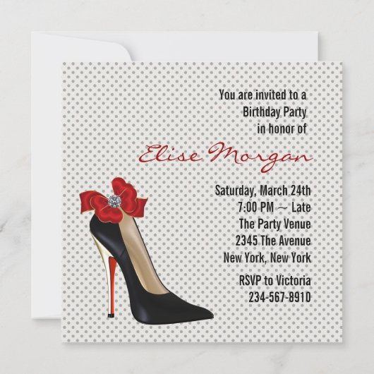 ドット柄の赤と黒のハイヒール靴の誕生日パーティー 招待状 (裏面)