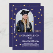 ドット柄 卒業式 祝賀会 ネイビー ゴールド フォト 招待状 (正面/裏面)