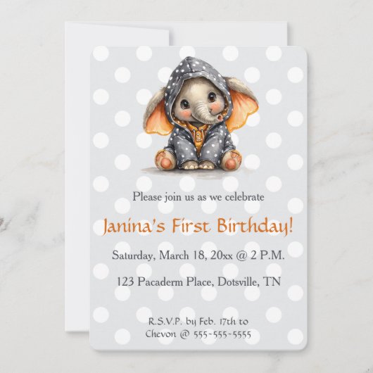 ドット模様のゾウの誕生日 招待状 (正面)