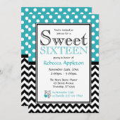ドット ターコイズ & チェックのスイート16 招待状 (正面/裏面)