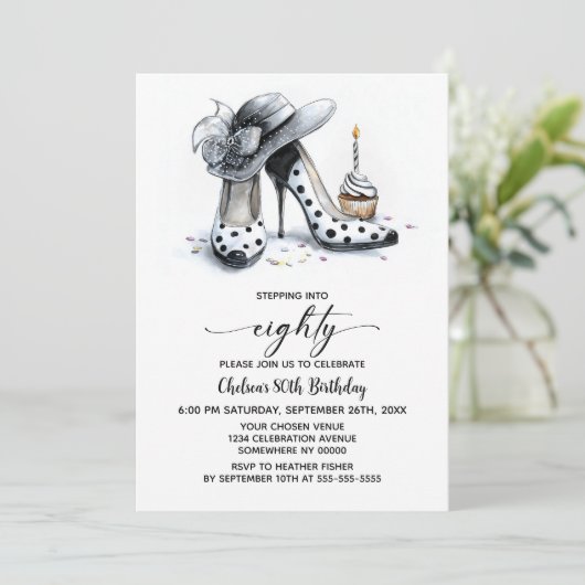 ドット ハイヒール シューズ 80歳の誕生日 招待状 (スタンド正面)