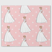 ドット ピンクのウェディングシャワー 白いウェディングドレス ラッピングペーパー (フラット)