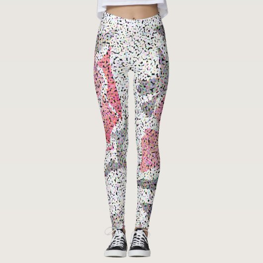 ドットpointillism円白黒ピンクのバラflo レギンス (正面)