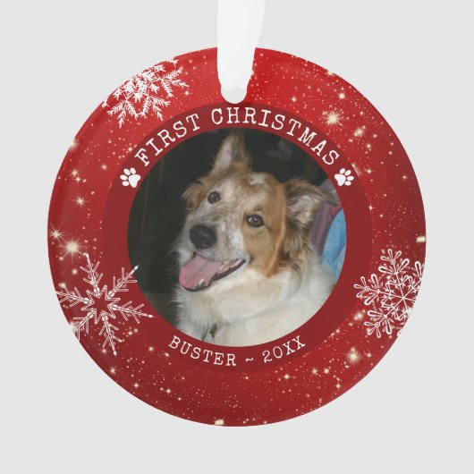 ドッモダングレッド初めてのクリスマススノーフレーク写真 オーナメント (正面)