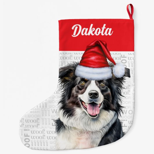 ドッ縁どクの名前とクリスマスのコリー ラージクリスマスストッキング (裏面)