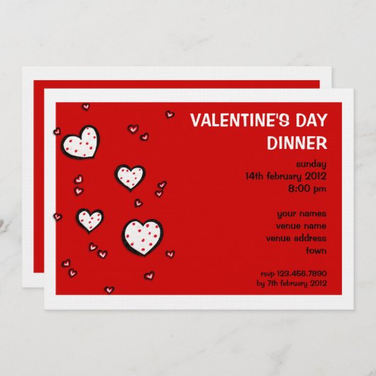 ドティハートレッドバレンタインデーディナー招待状 招待状 (正面/裏面)