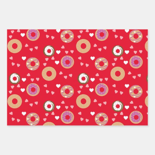 ドナッツバレンタインデーハートレッドピンクティール（緑がかった色） ラッピングペーパーシート (正面)