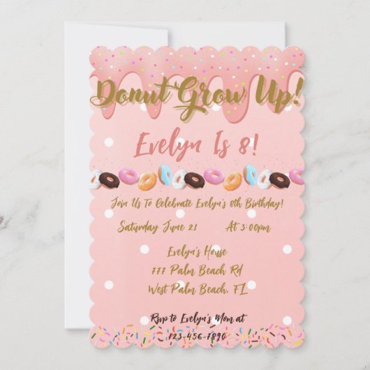 ドナツは女の子を育てるドナツをテーマにした誕生日パーティー 招待状 (正面)