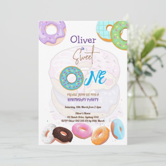 ドナツ1歳の誕生日の男の子の招待 招待状 (スタンド正面)