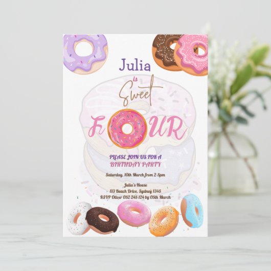 ドナツ4th誕生日の女の子の招待 招待状 (スタンド正面)