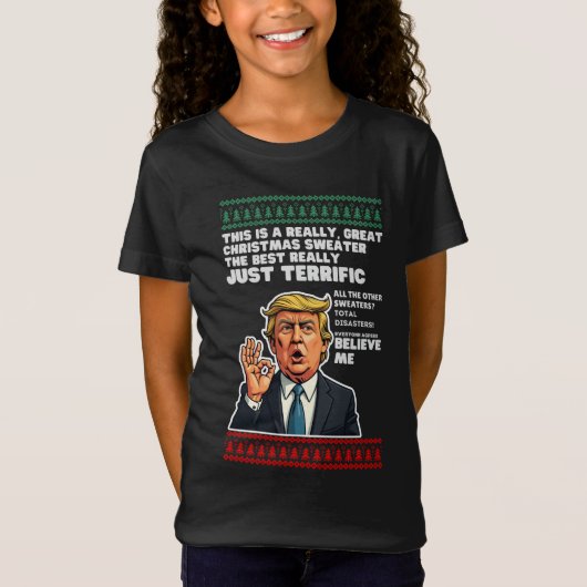 ドナルドおもしろいトランプ醜いクリスマスセーターパロディ Tシャツ (正面)