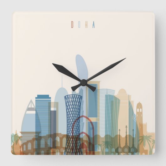 ドハ、カタール|都市スカイライン スクエア壁時計 (正面)