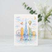 ドバイのスカイライン水彩画 | UAEの都市景観アート シーズンポストカード (スタンド正面)
