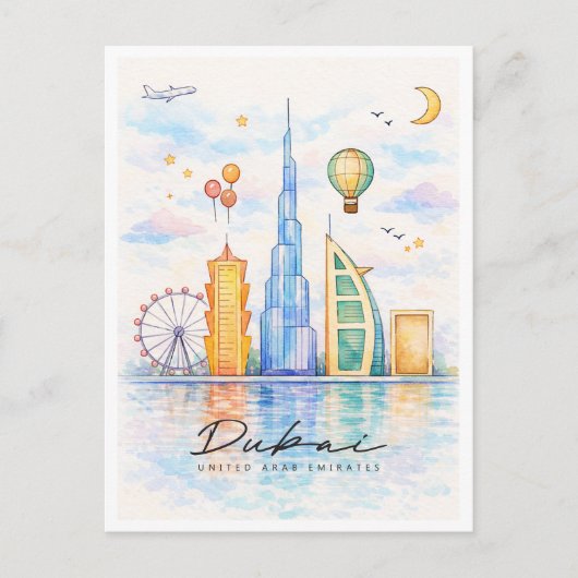 ドバイのスカイライン水彩画 | UAEの都市景観アート シーズンポストカード (正面)