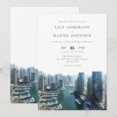 ドバイのスカイライン 水彩 エレガント ウェディング 招待状 (正面/裏面)