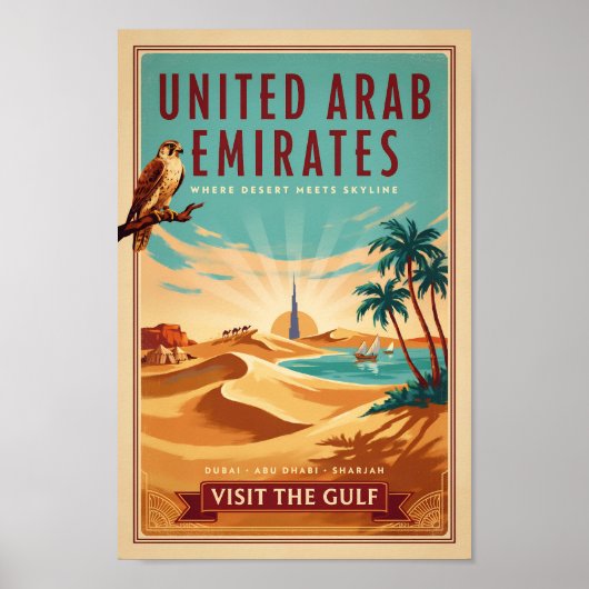 ドバイの砂漠の鷹のイラスト アラブ首長国連邦 旅行アート ポスター (正面)
