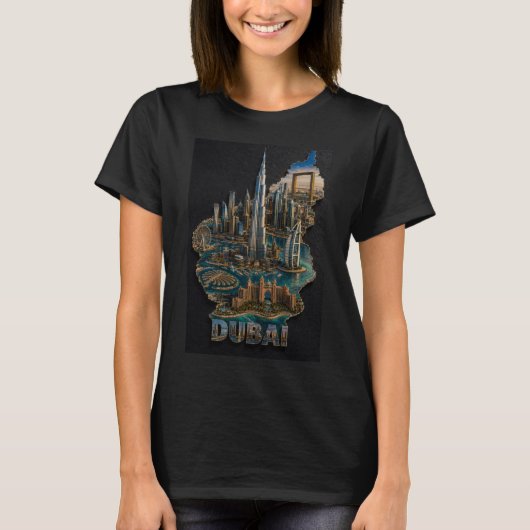 ドバイの象徴的なスカイライン 3D アート Tシャツ (正面)